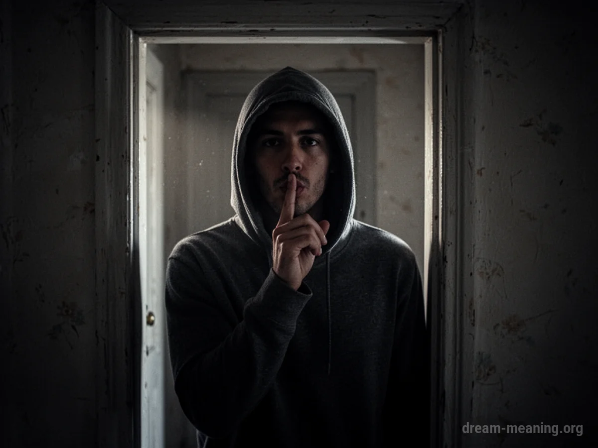 Silhouette of a person with a finger over their lips near a door.