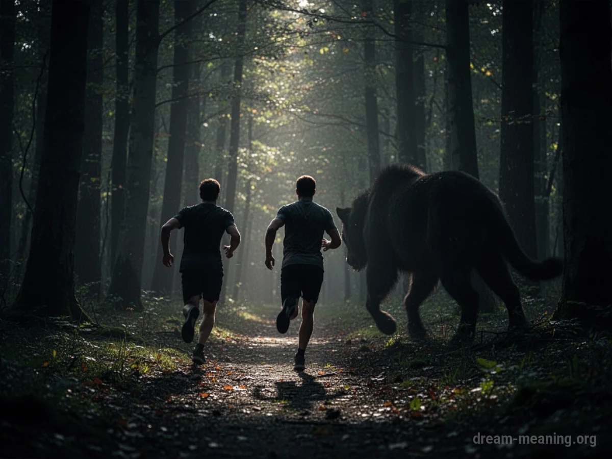 Silhouette of a person running from a large shadowy animal in a dark forest.
