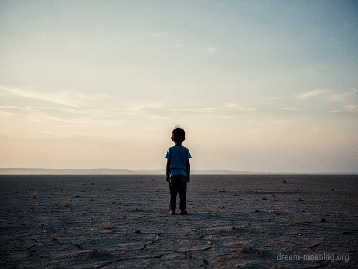 A child's silhouette stands alone in a wide, desolate field.