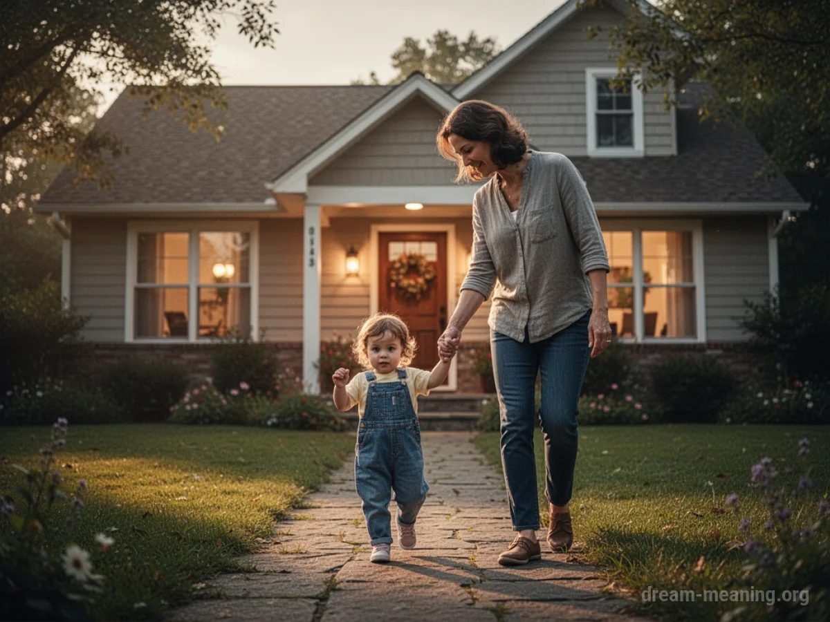 Adult holding a child's hand walking towards a house.