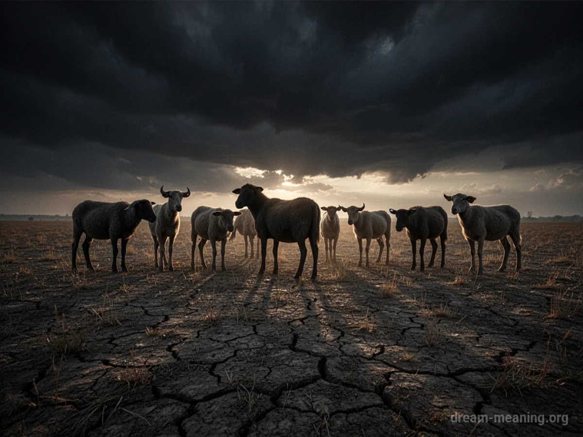 Silhouettes of animals in a barren landscape under a dark sky.