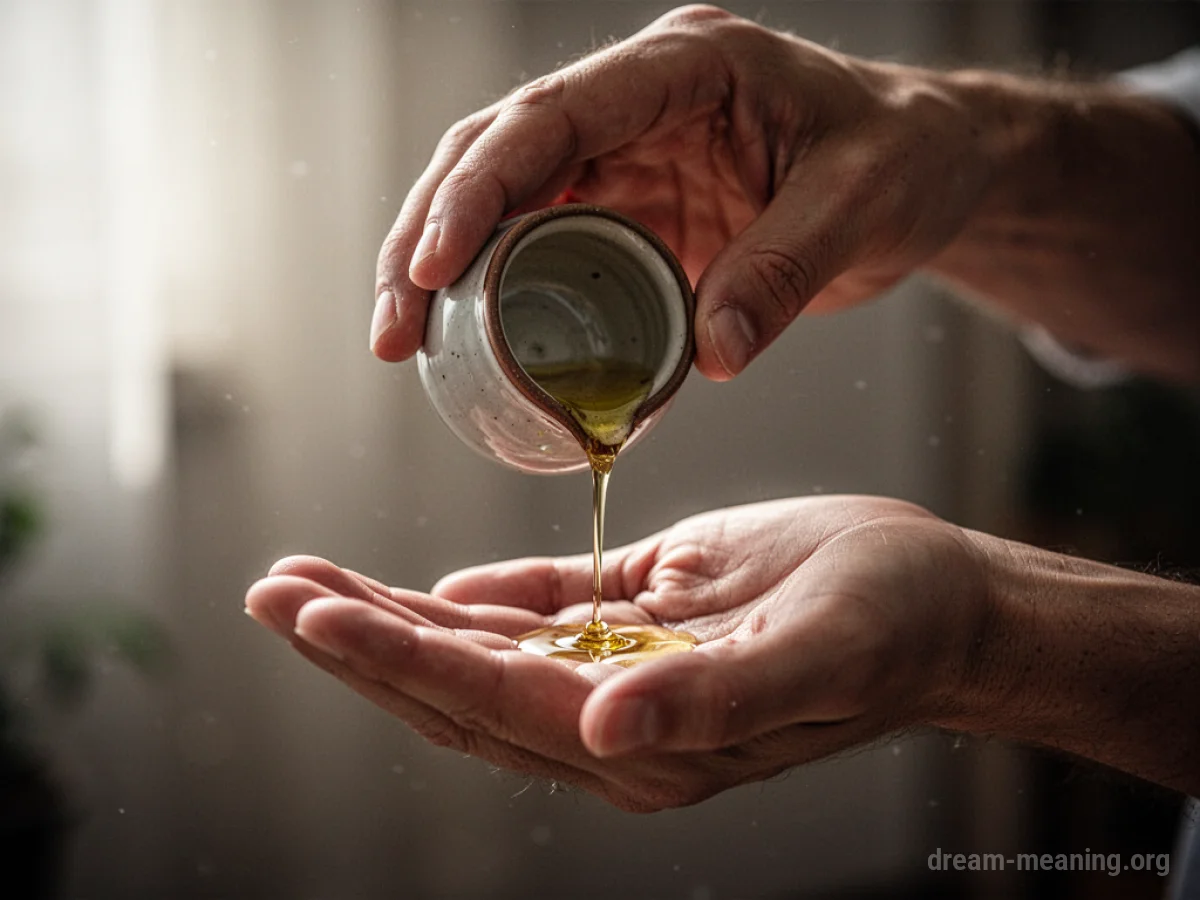 A hand pouring oil from a small vessel onto another hand.