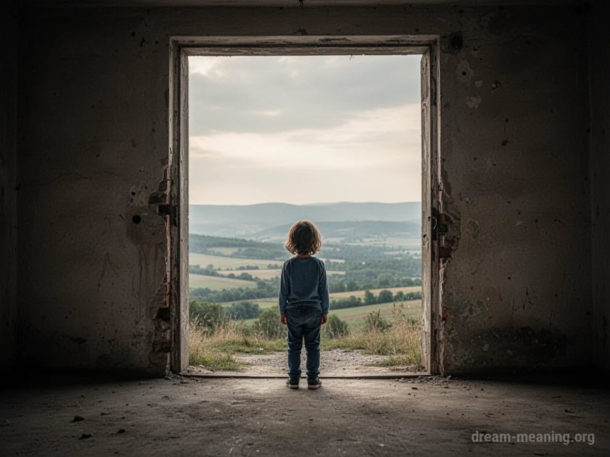 A small child standing alone in a large doorway.