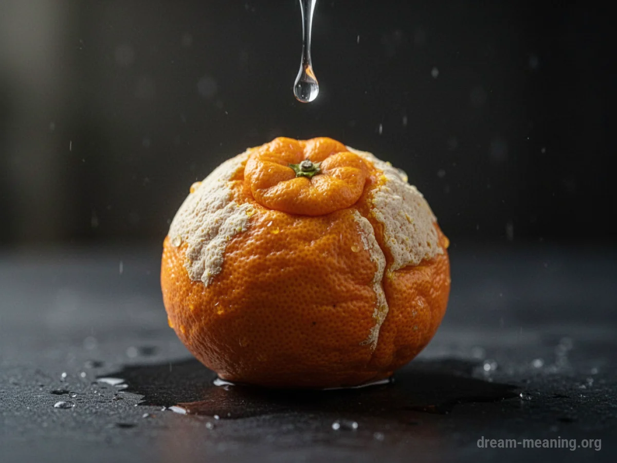 A pale, shriveled orange on a dark surface with a water drop.