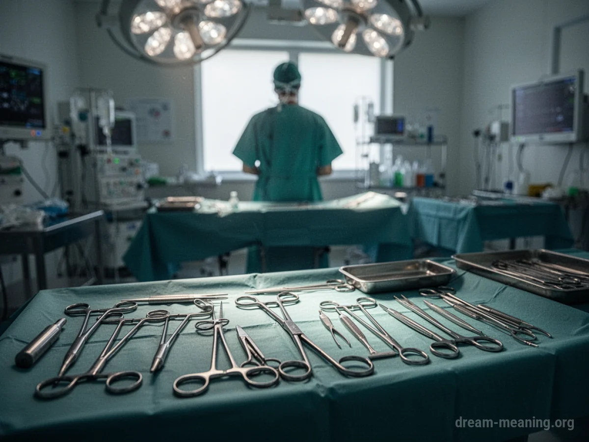 A sterile operating room with surgical tools.
