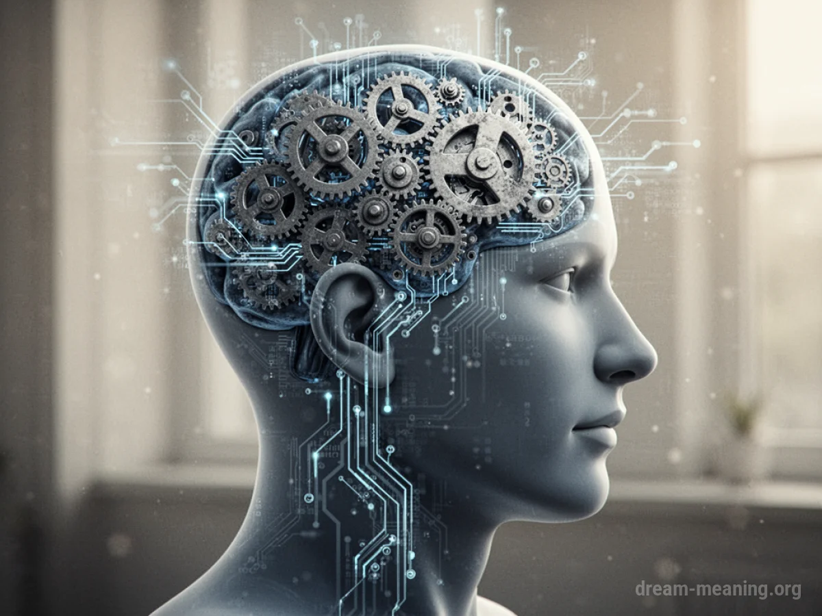Abstract illustration of a human head with internal mechanical and electrical components.