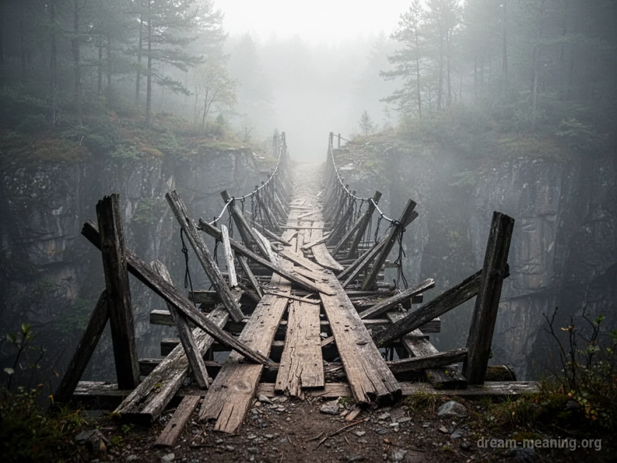 A broken wooden bridge over a chasm with mist.