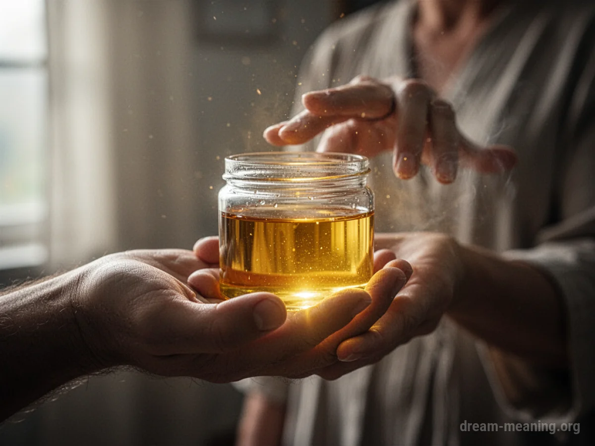 A hand holding a clear container filled with golden liquid.