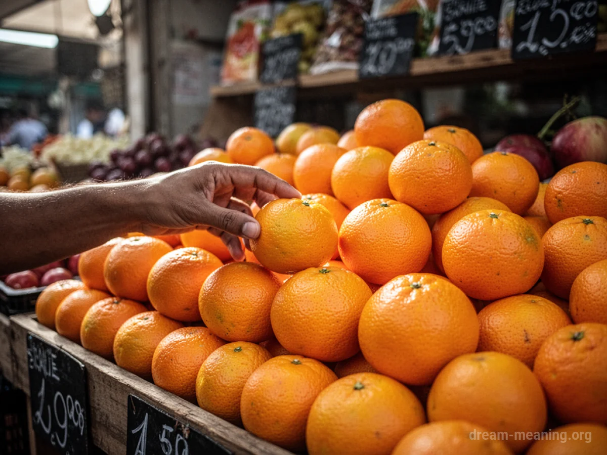 A close-up view of several bright orange fruits stacked in a market stall.