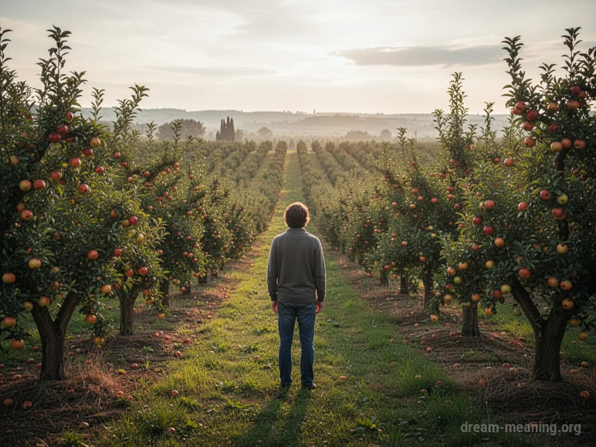 Person surveying a large orchard with many trees.