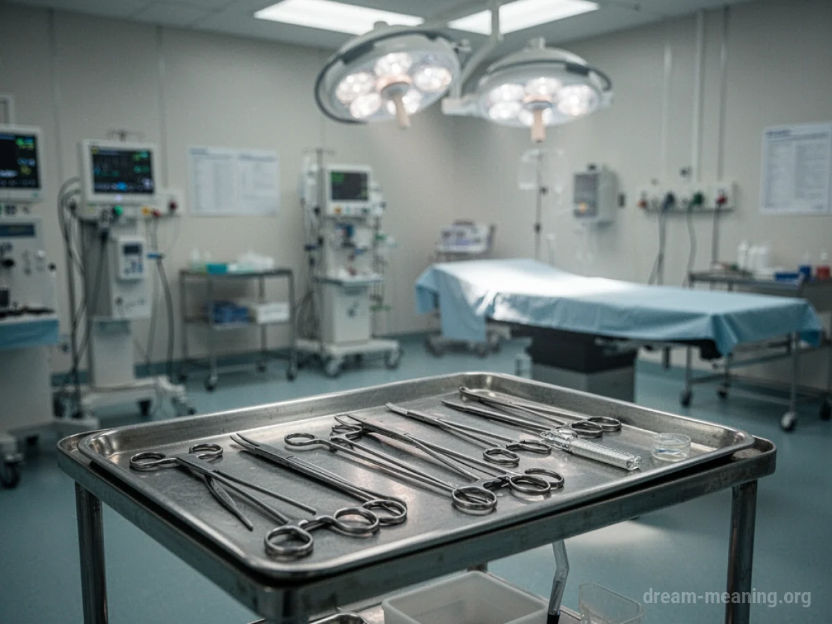 An empty operating room with surgical instruments.