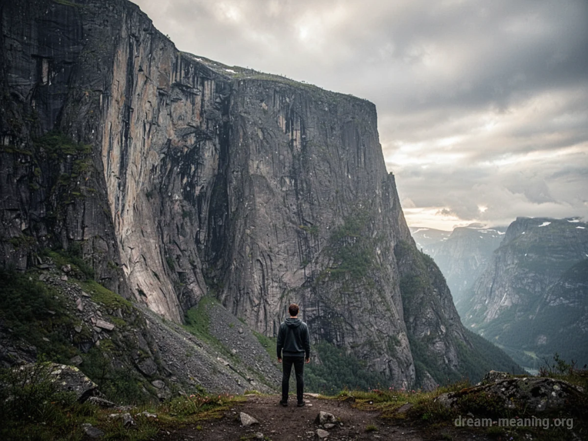 A person looking up at a very tall, steep cliff.