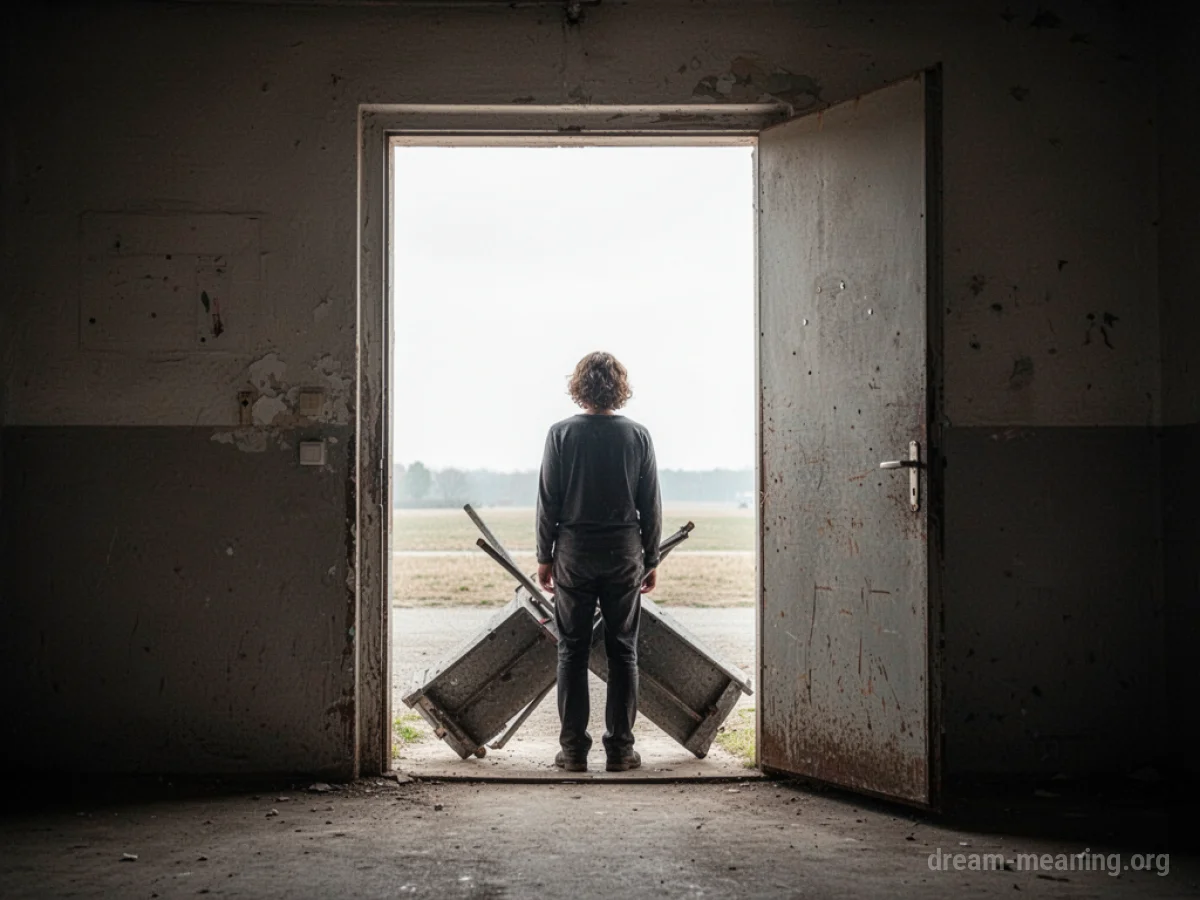 A person facing a blocked doorway to the outside.