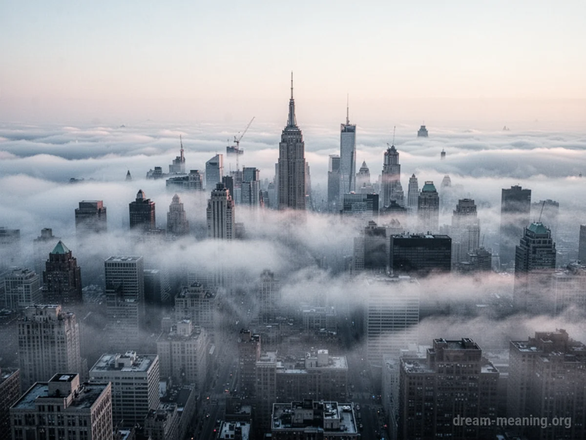 Thick fog obscuring a distant city skyline.