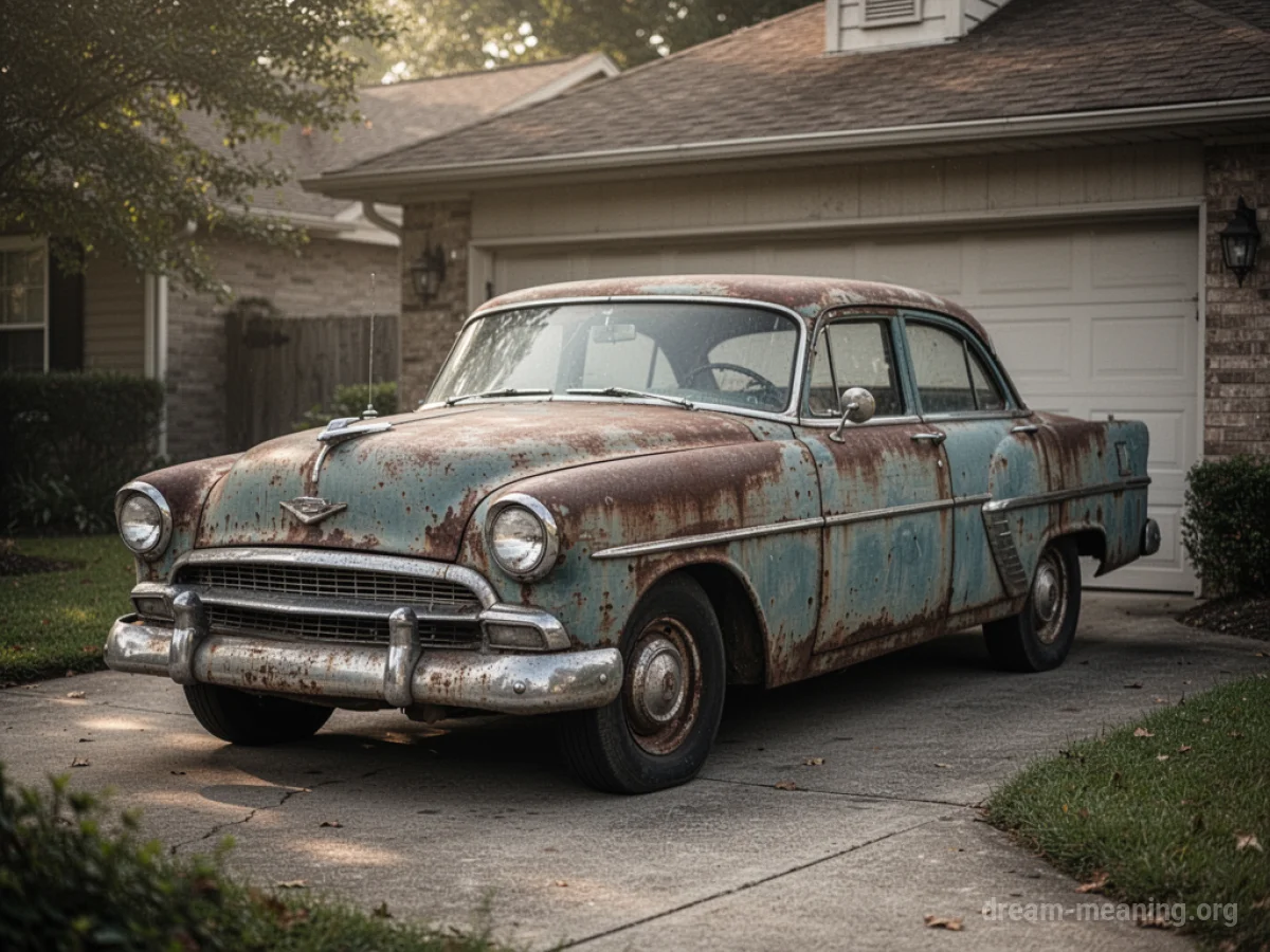 A weathered, classic car showing its age.