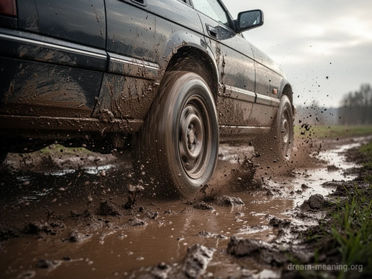 A car stuck in mud with its wheels spinning.