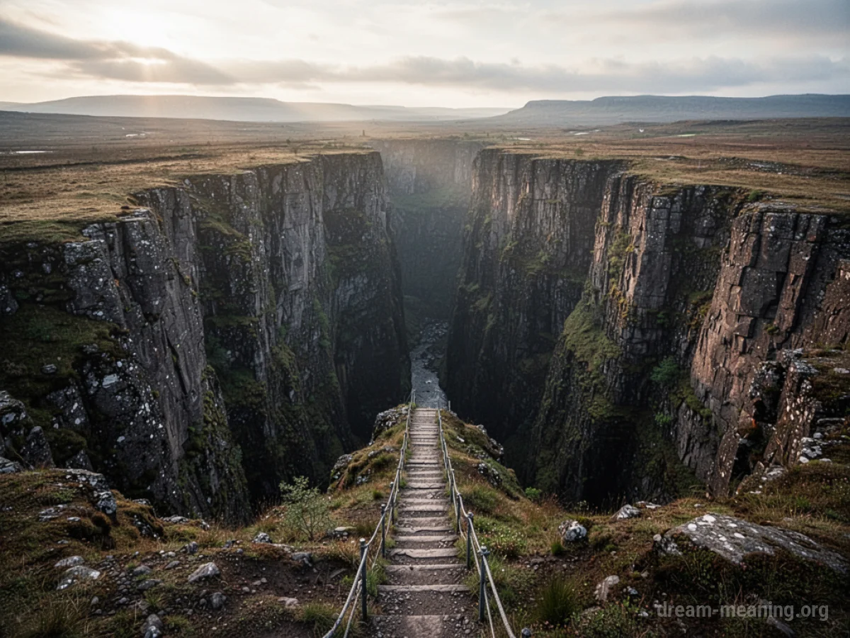 A wide, dark chasm in the earth with a thin path disappearing towards it.