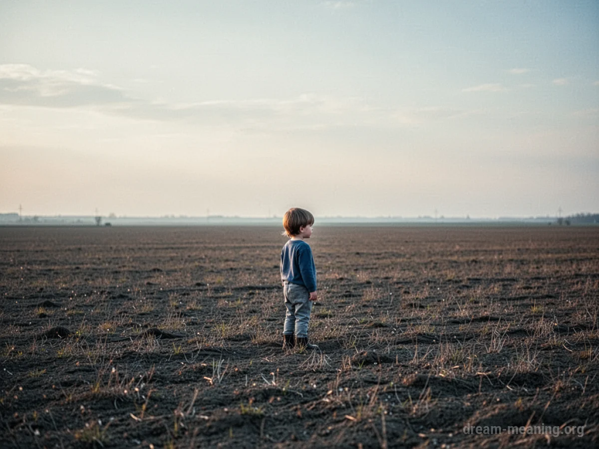 A solitary child standing in a wide, empty field.