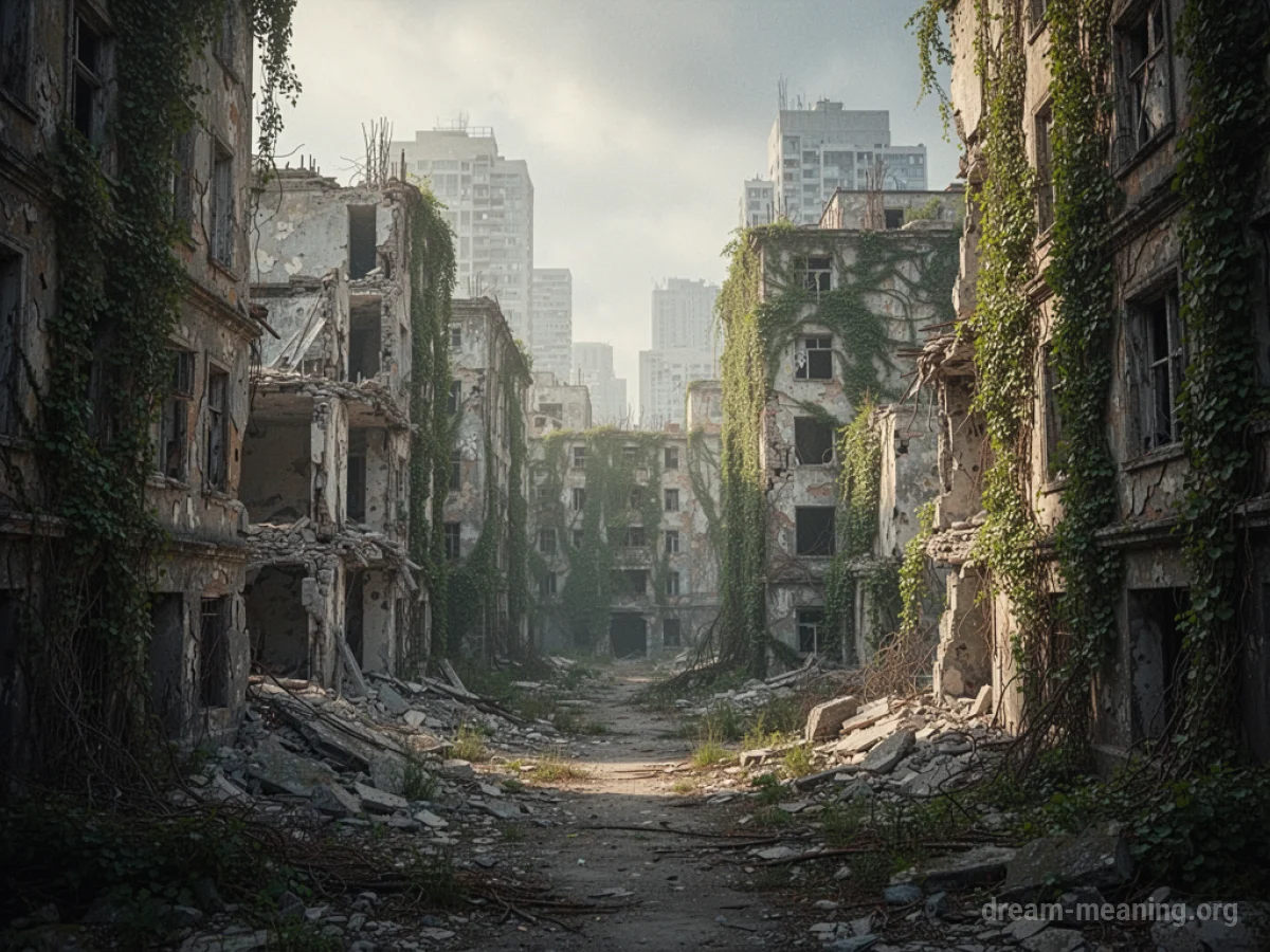 A city with weathered buildings and overgrown vegetation.