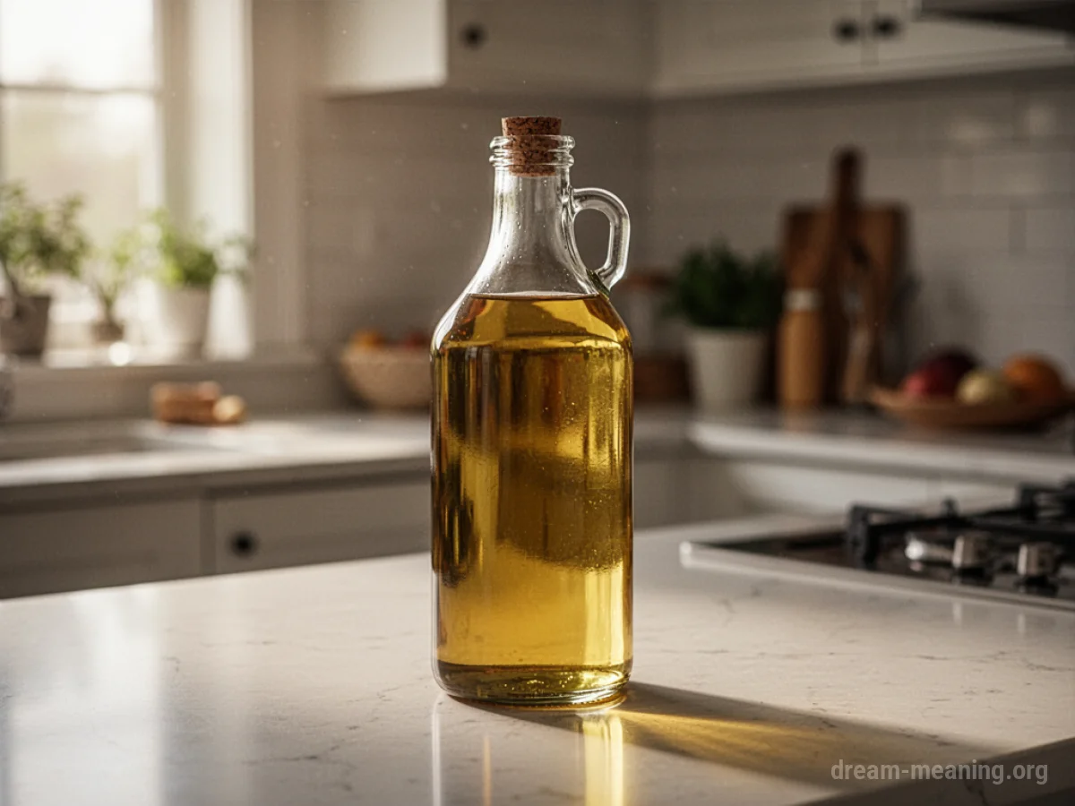 A bottle of cooking oil on a kitchen counter.