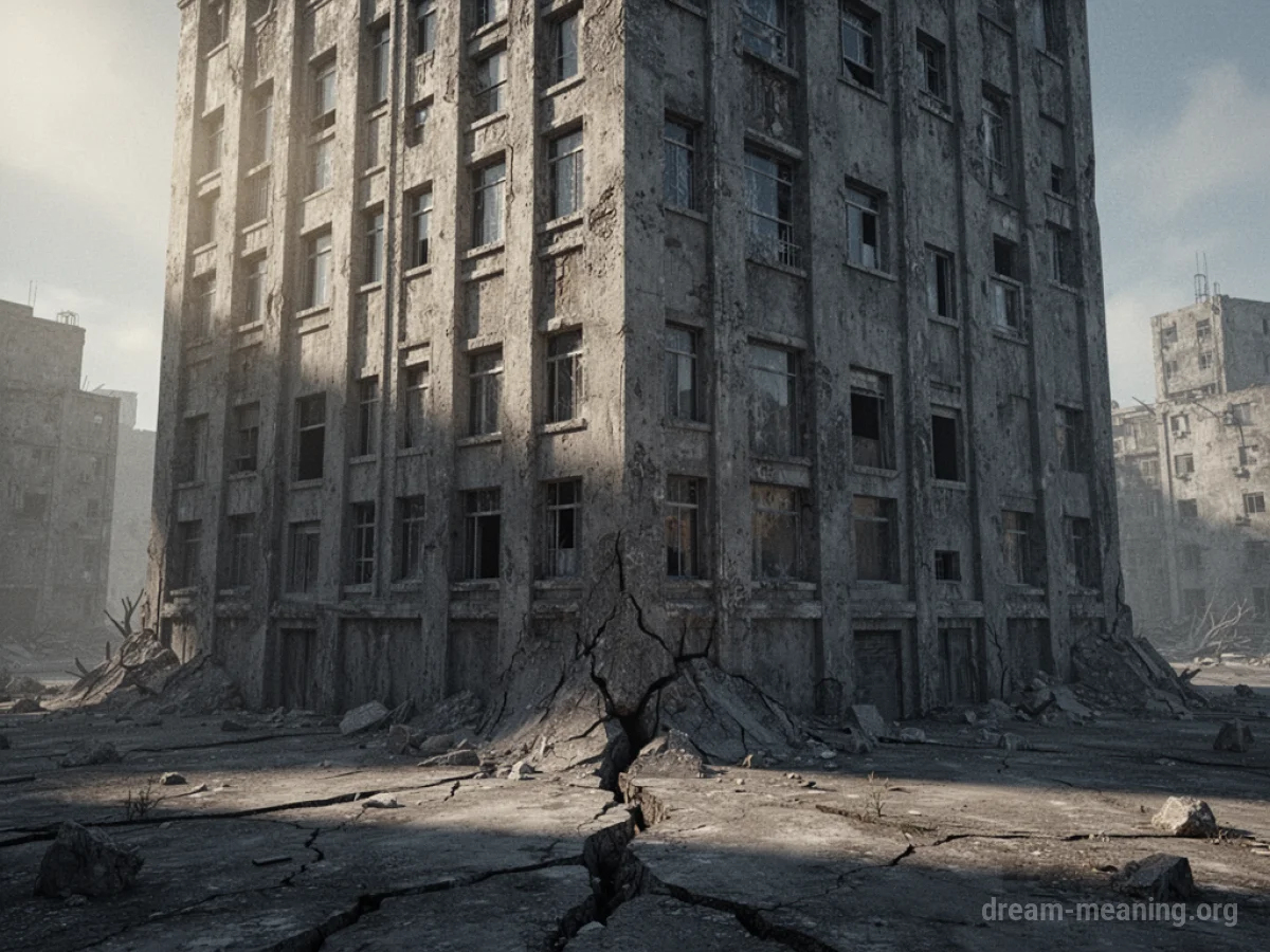 An imposing building structure with visible cracks in its base.