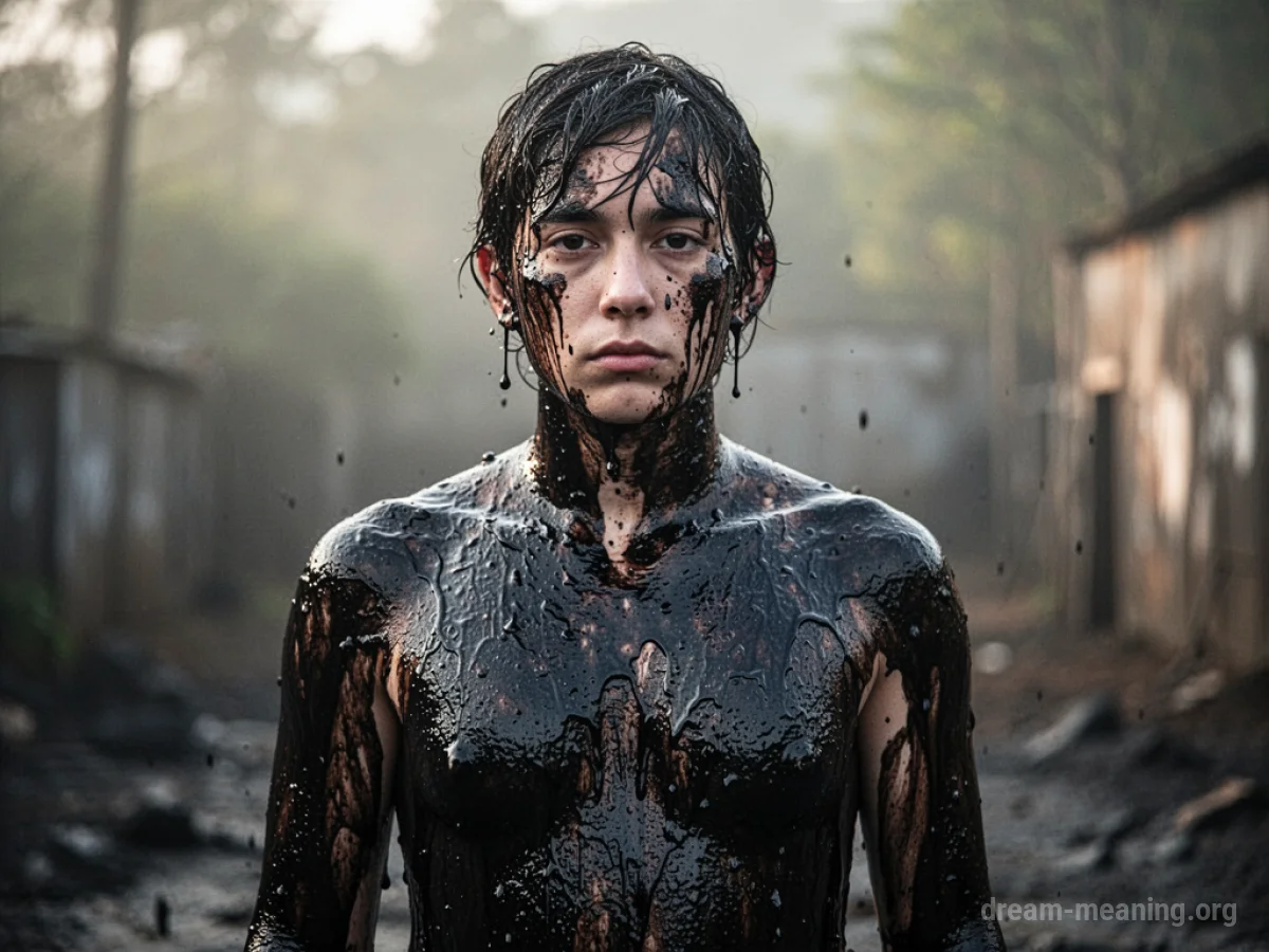 A person coated in dark oil, standing motionless.