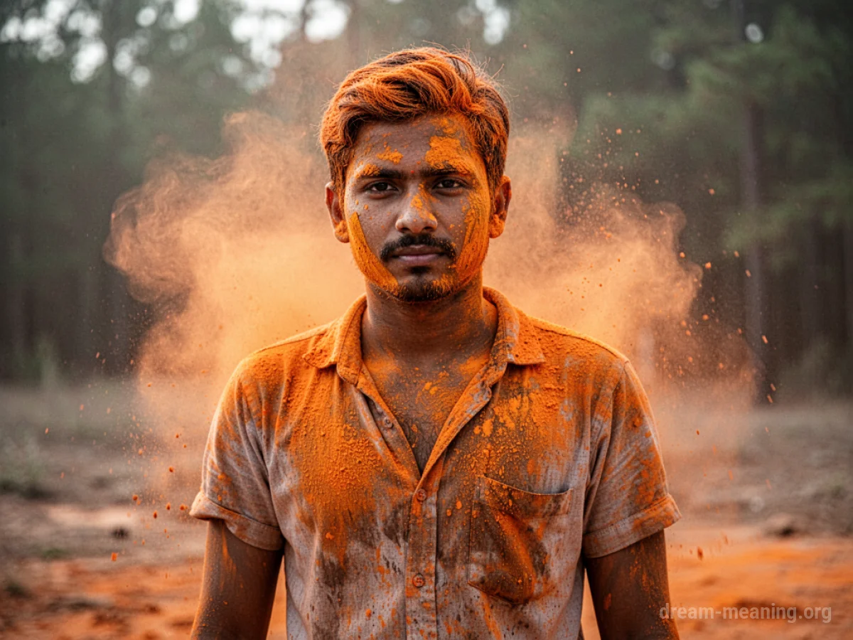 A person's limbs and torso are coated in a thick layer of bright orange substance.