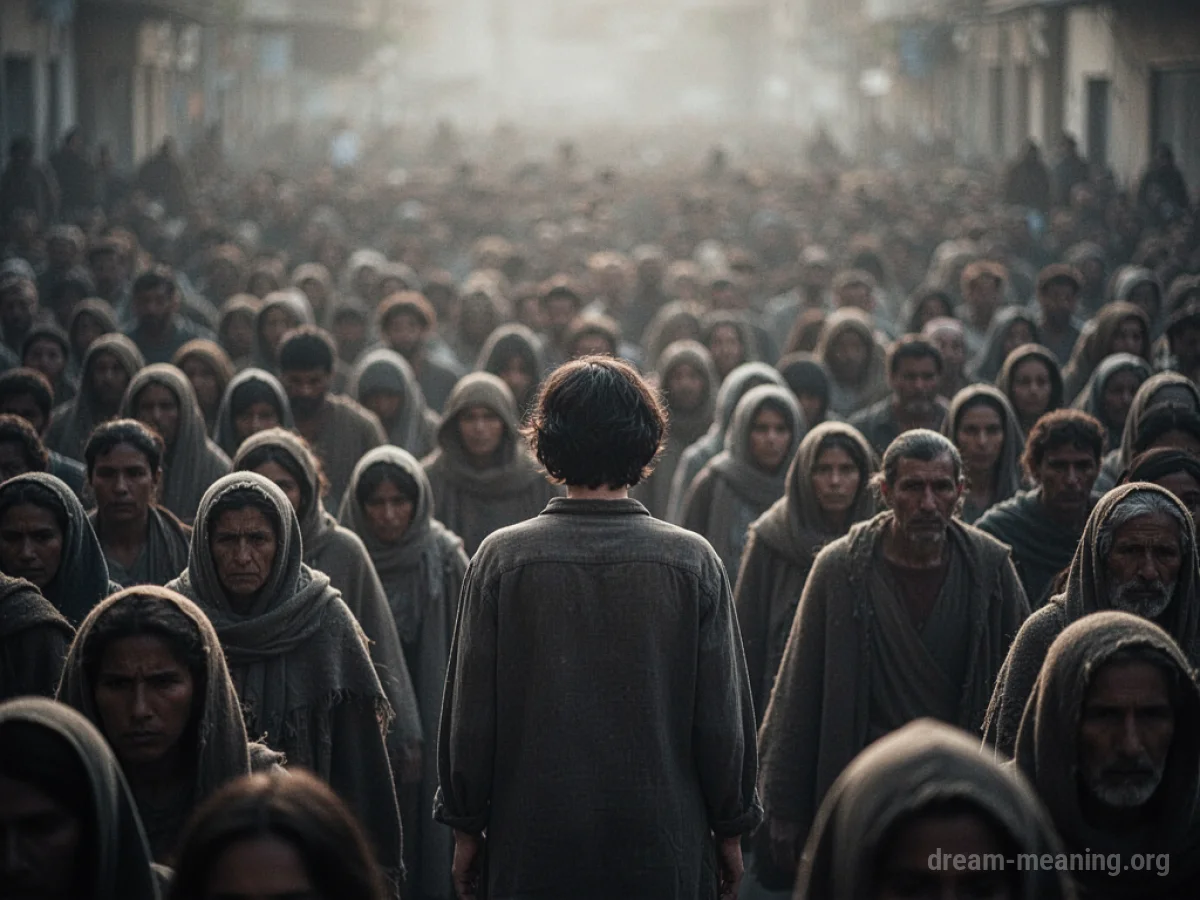 A lone figure facing a large group of people.