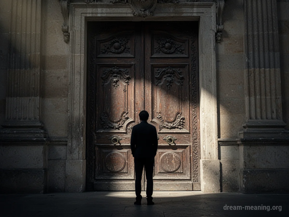 A closed door with a person standing in front of it.