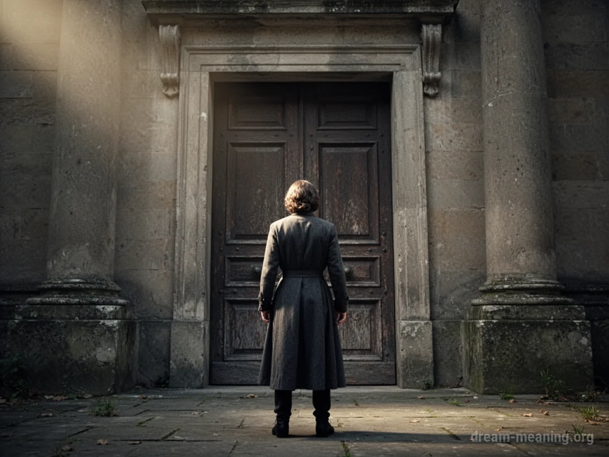 A lone figure facing away from a large, dark doorway.