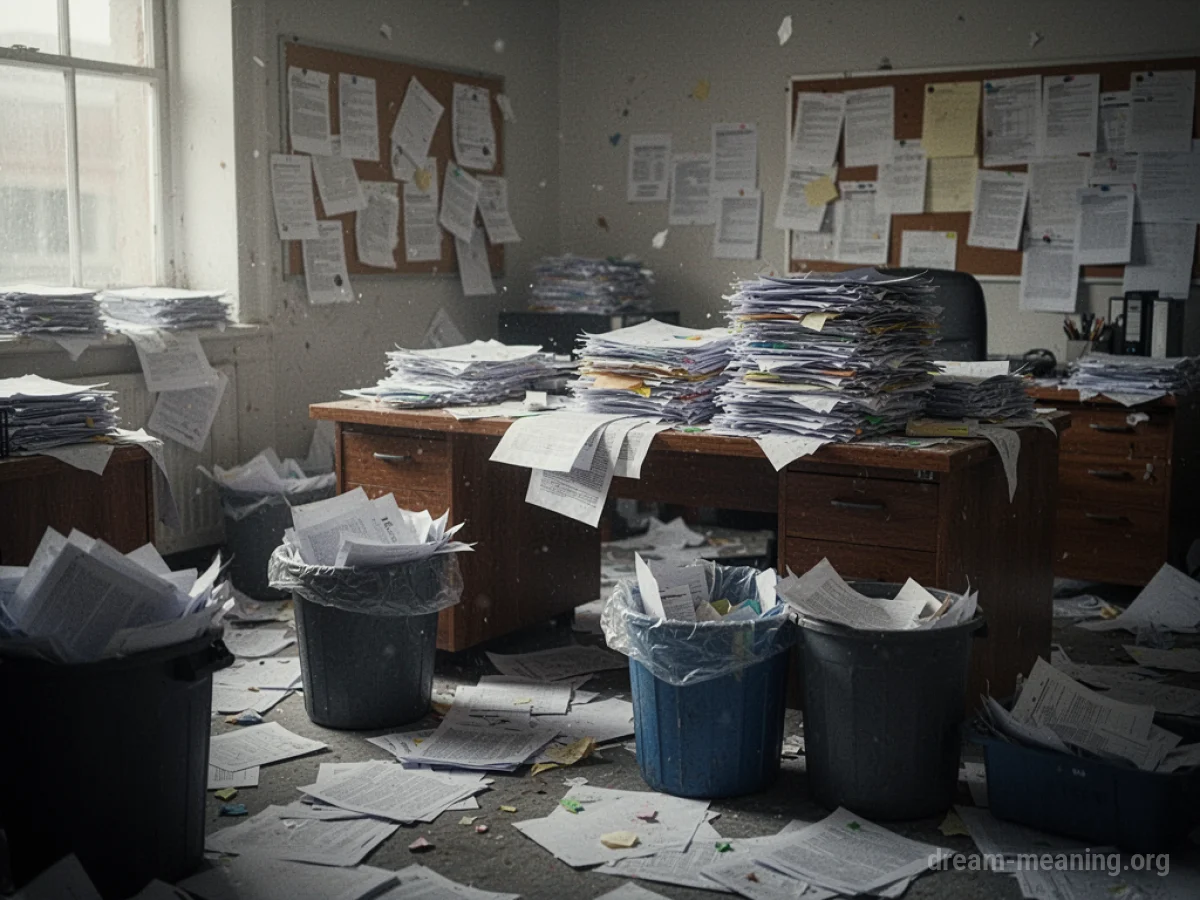 A messy office with papers strewn across desks and the floor.