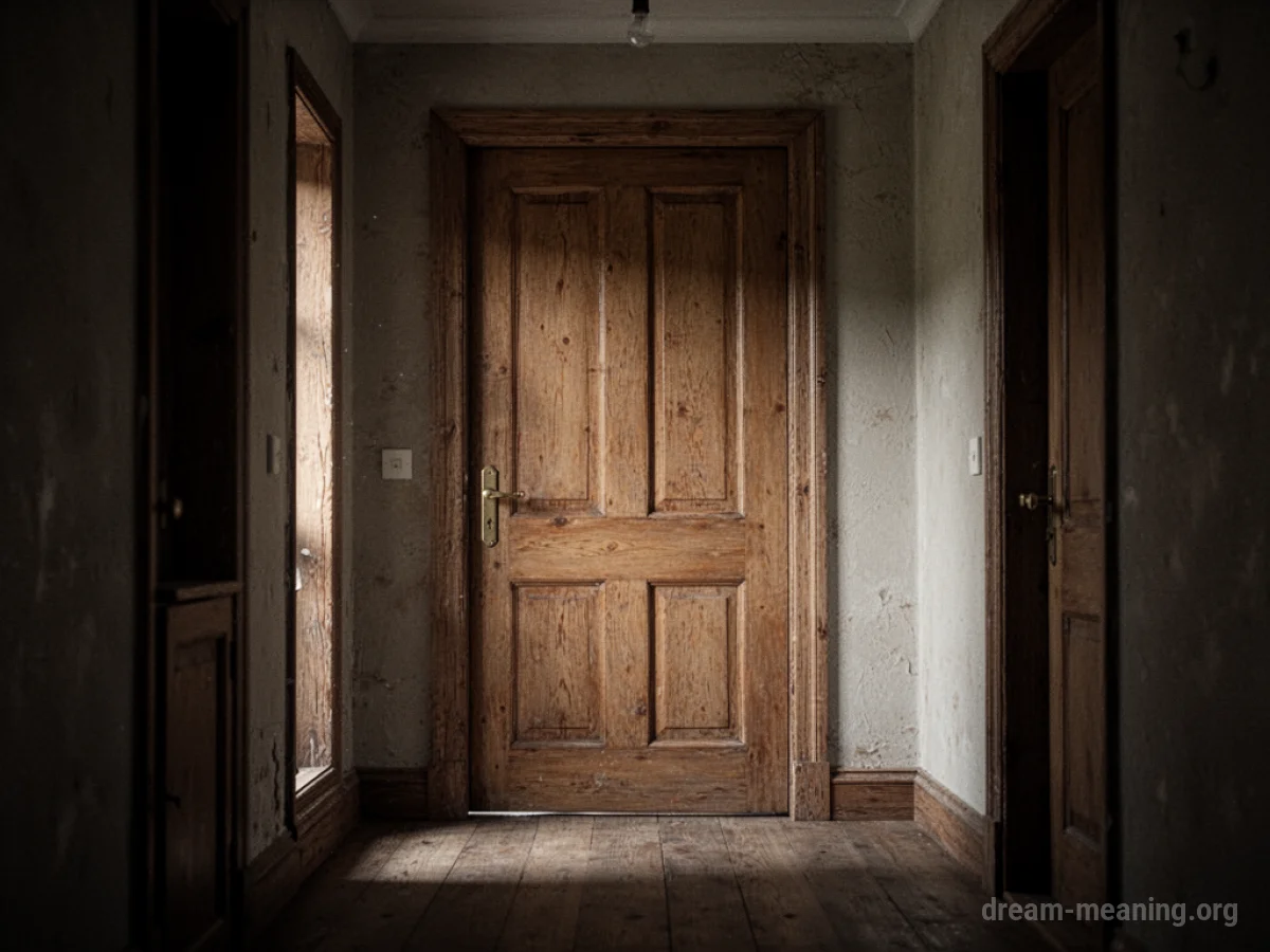 A closed wooden door.