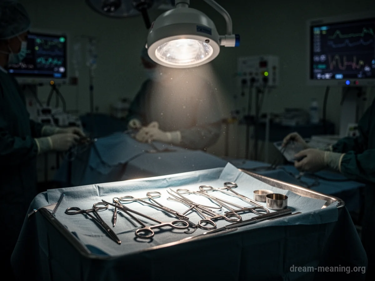 Surgical tools laid out on a sterile tray in an operating room.
