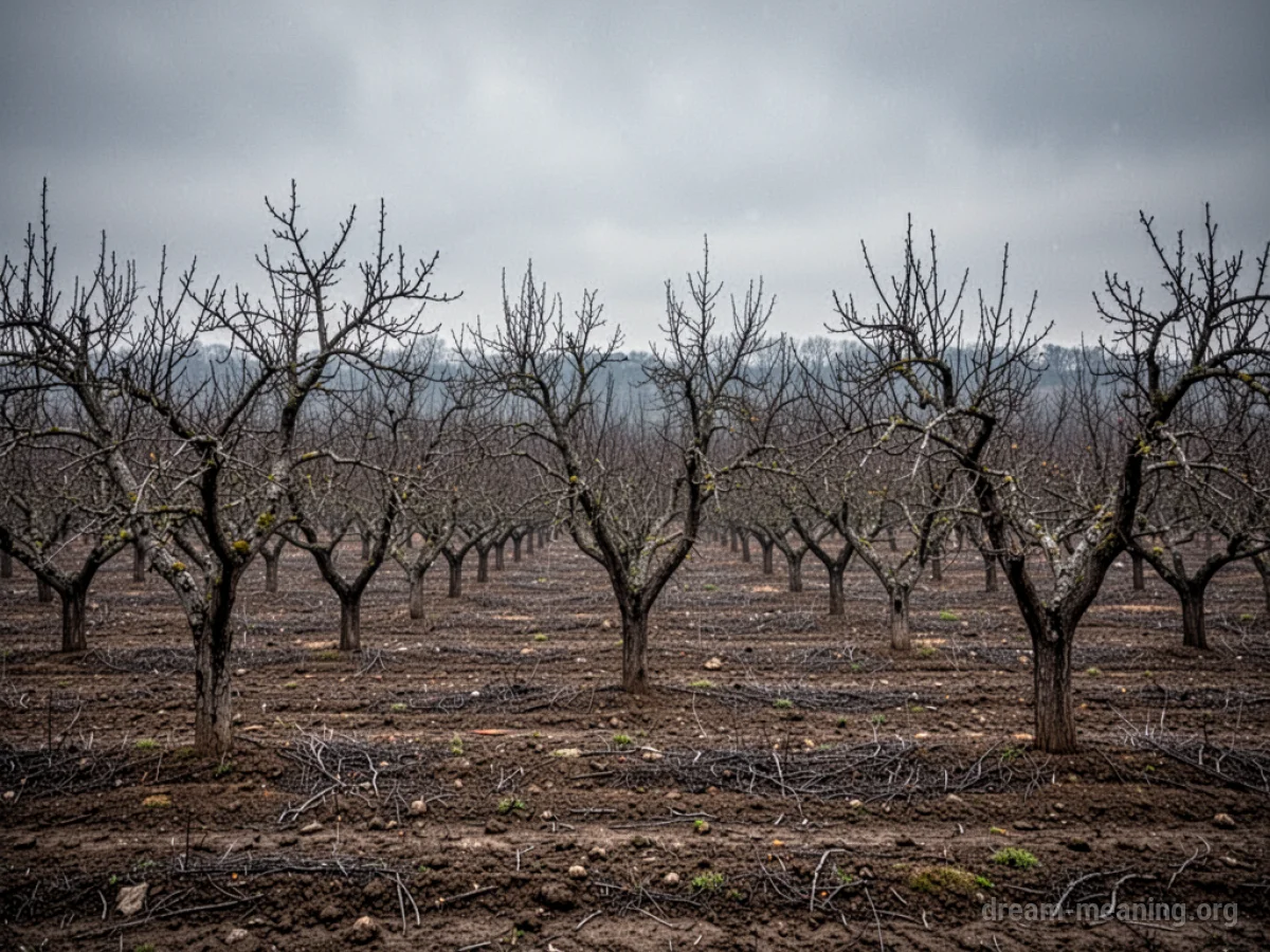 A wide view of an orchard with no fruit on the trees and bare branches.