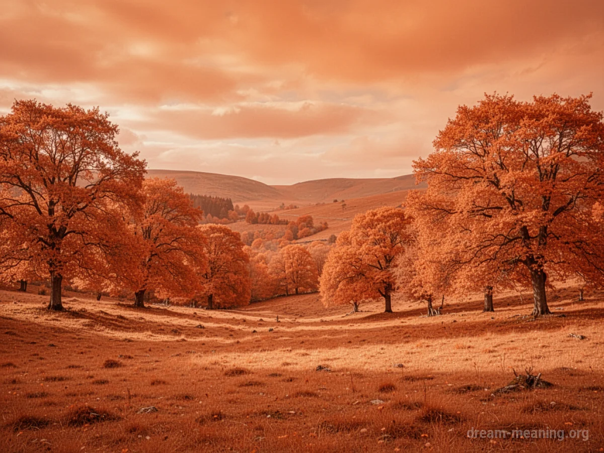 A landscape where the sky, ground, trees, and buildings are all colored orange.