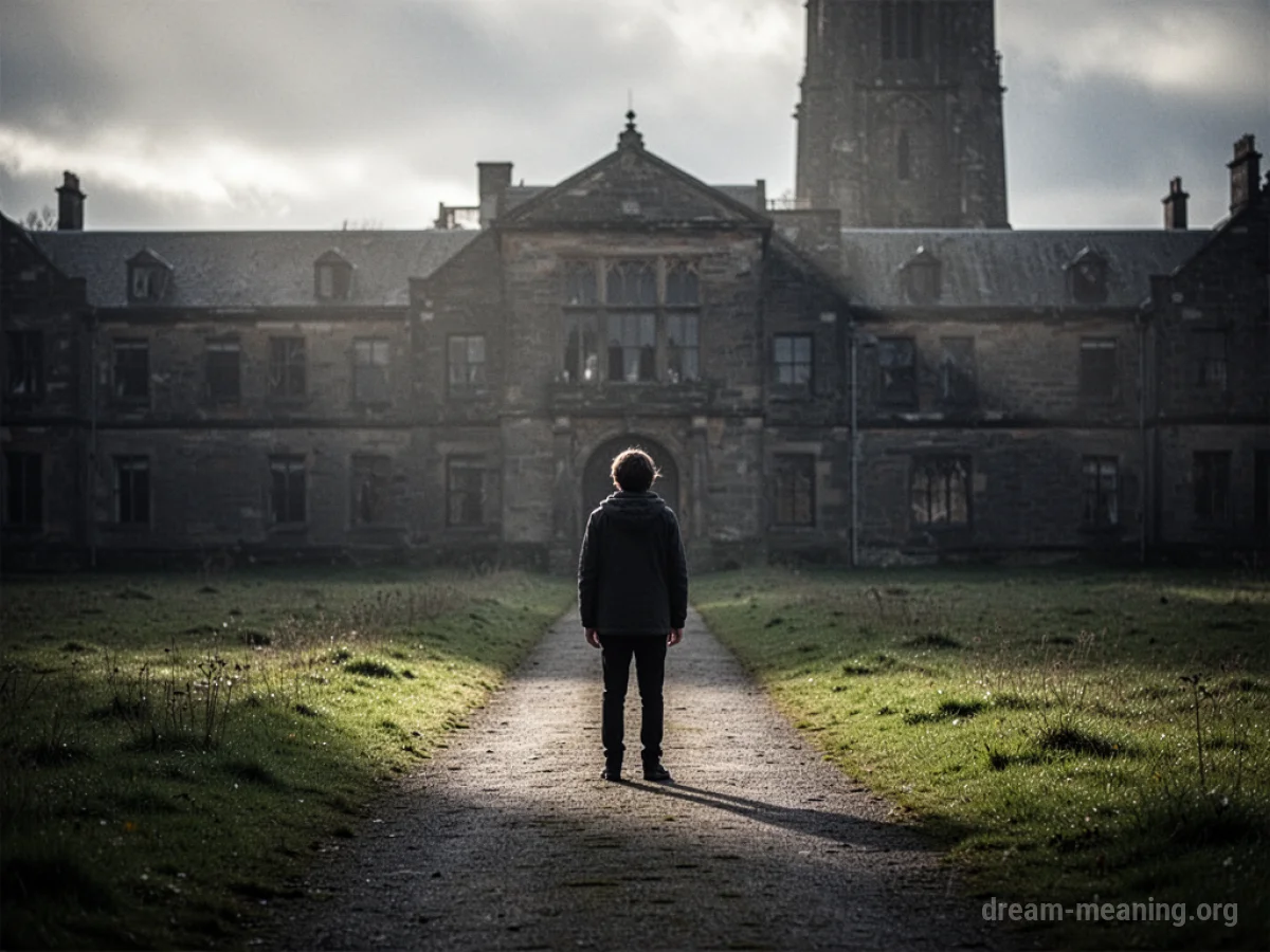 A lone figure walks away from a dark, imposing structure under a gray sky.