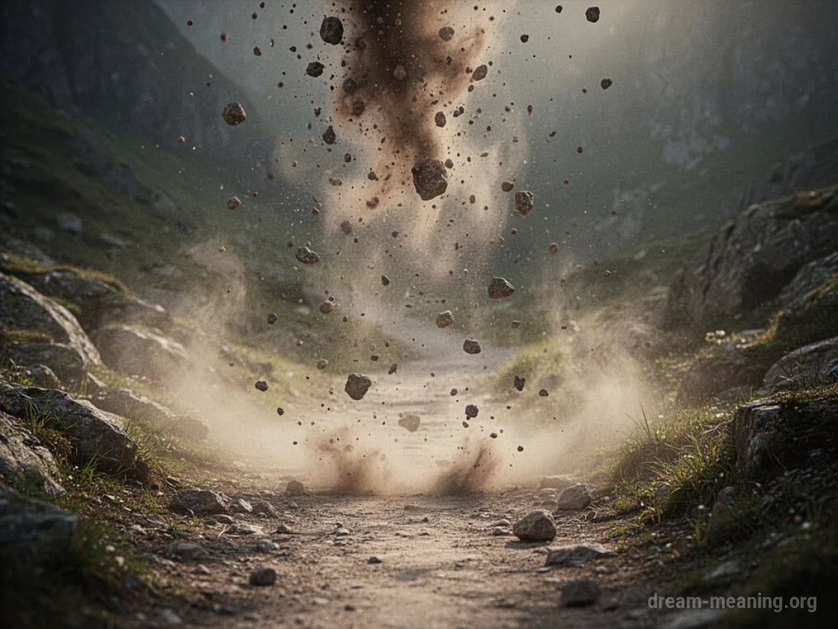 Dust and small rocks falling from above onto a pathway.
