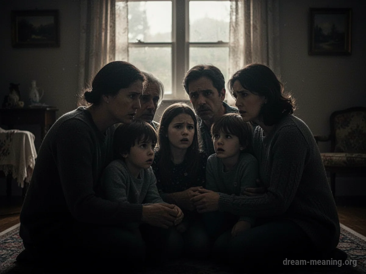 Silhouettes of a family in a dimly lit room.