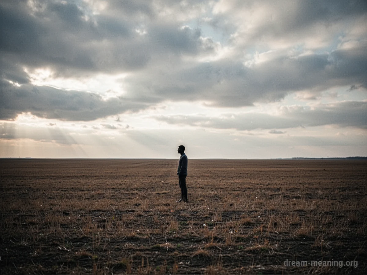 A solitary figure stands in a large, open field with a gray sky overhead.