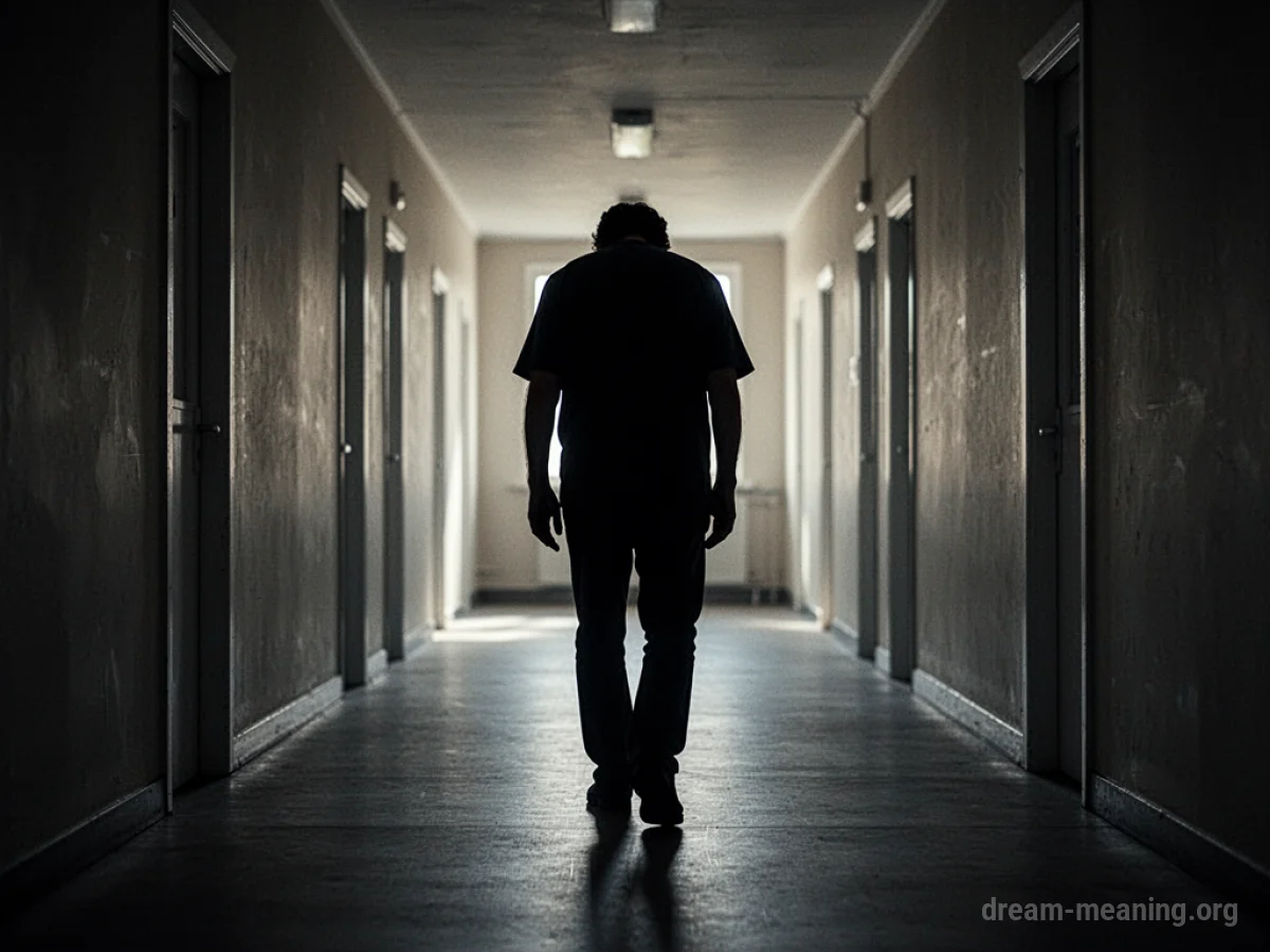 Silhouette of a person with slumped shoulders walking down a long corridor.