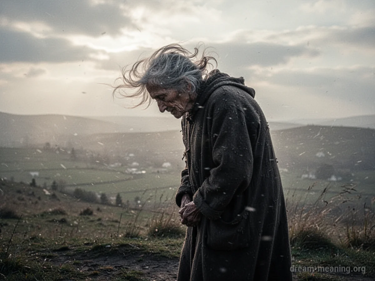Silhouette of a frail, hunched figure standing against a strong wind.