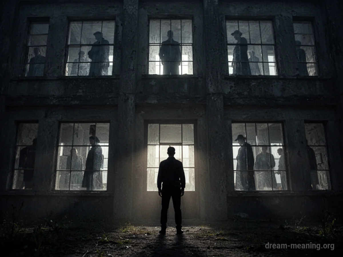 Silhouette of a lone person facing a dark, imposing building with shadowy figures inside.