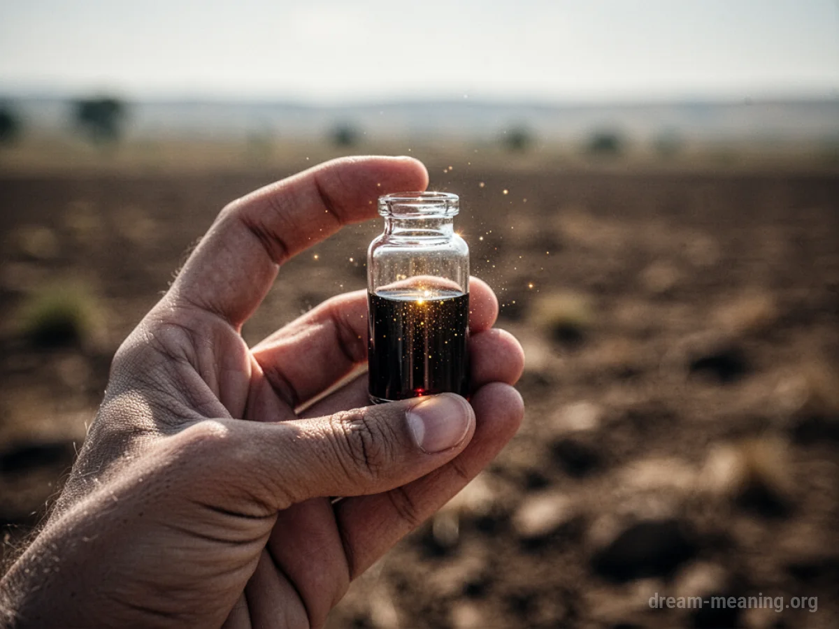 A hand holds a vial of dark liquid with golden light.