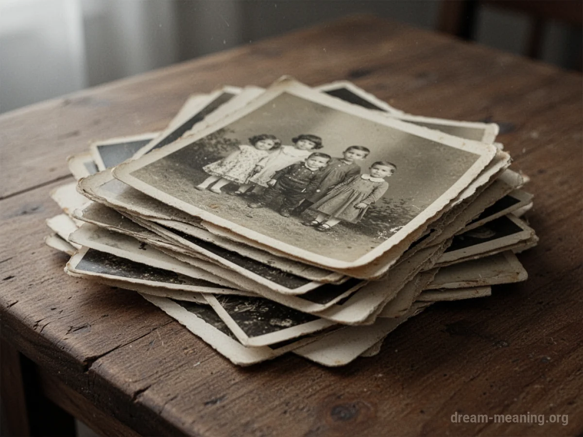 A collection of old photographs on a wooden surface.