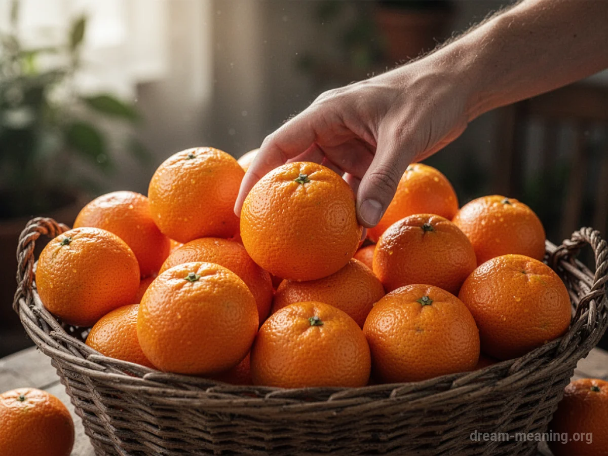 A hand reaching into a basket of ripe oranges.