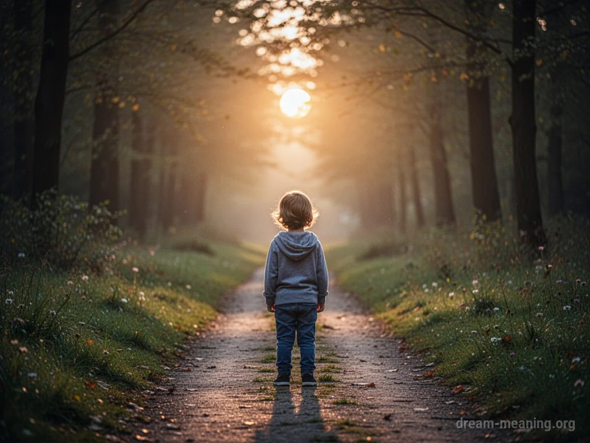 A lone child stands on a dirt path looking towards a glowing light in the distance.