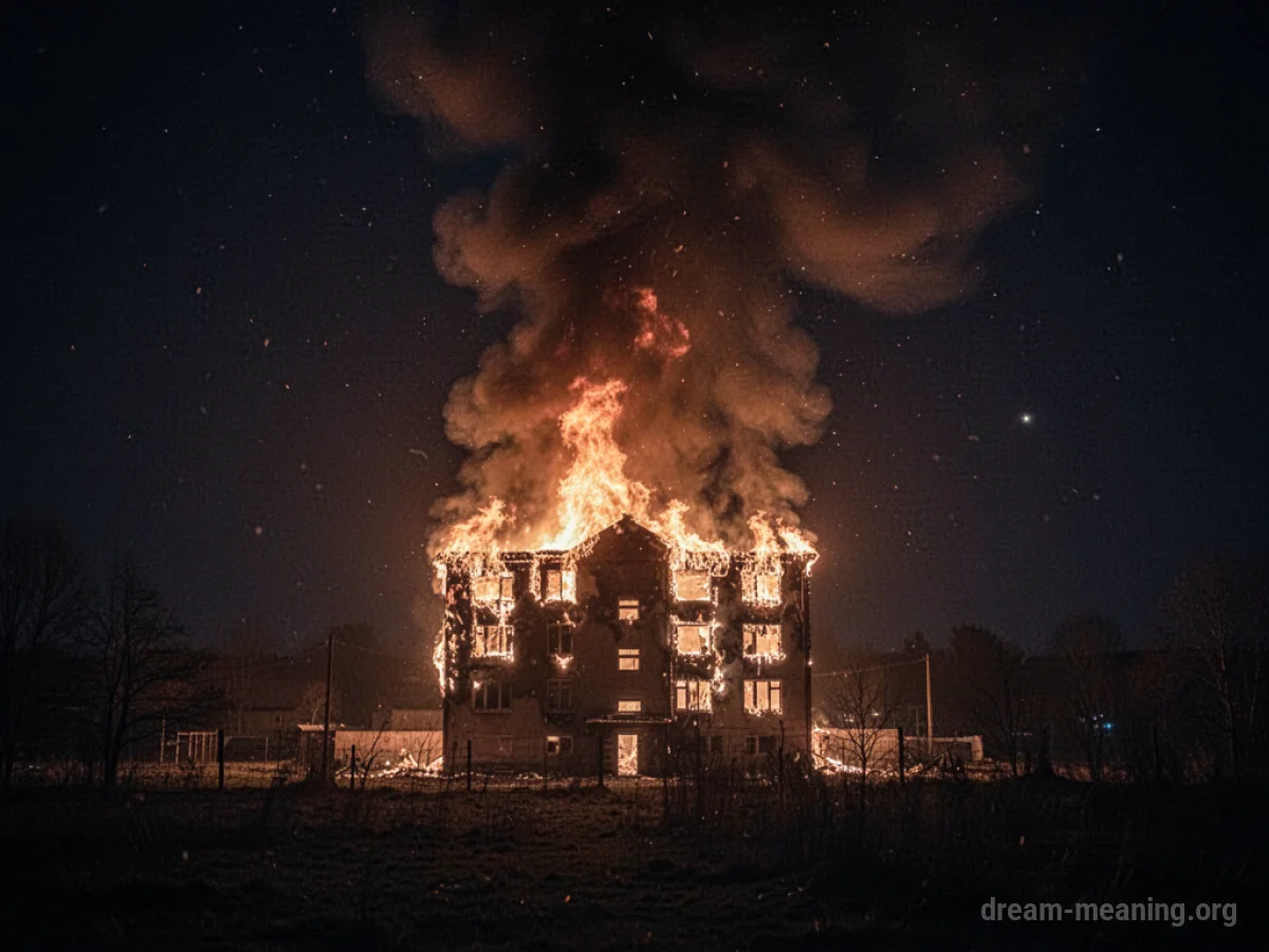 A building silhouette seen from a distance with flames and smoke.