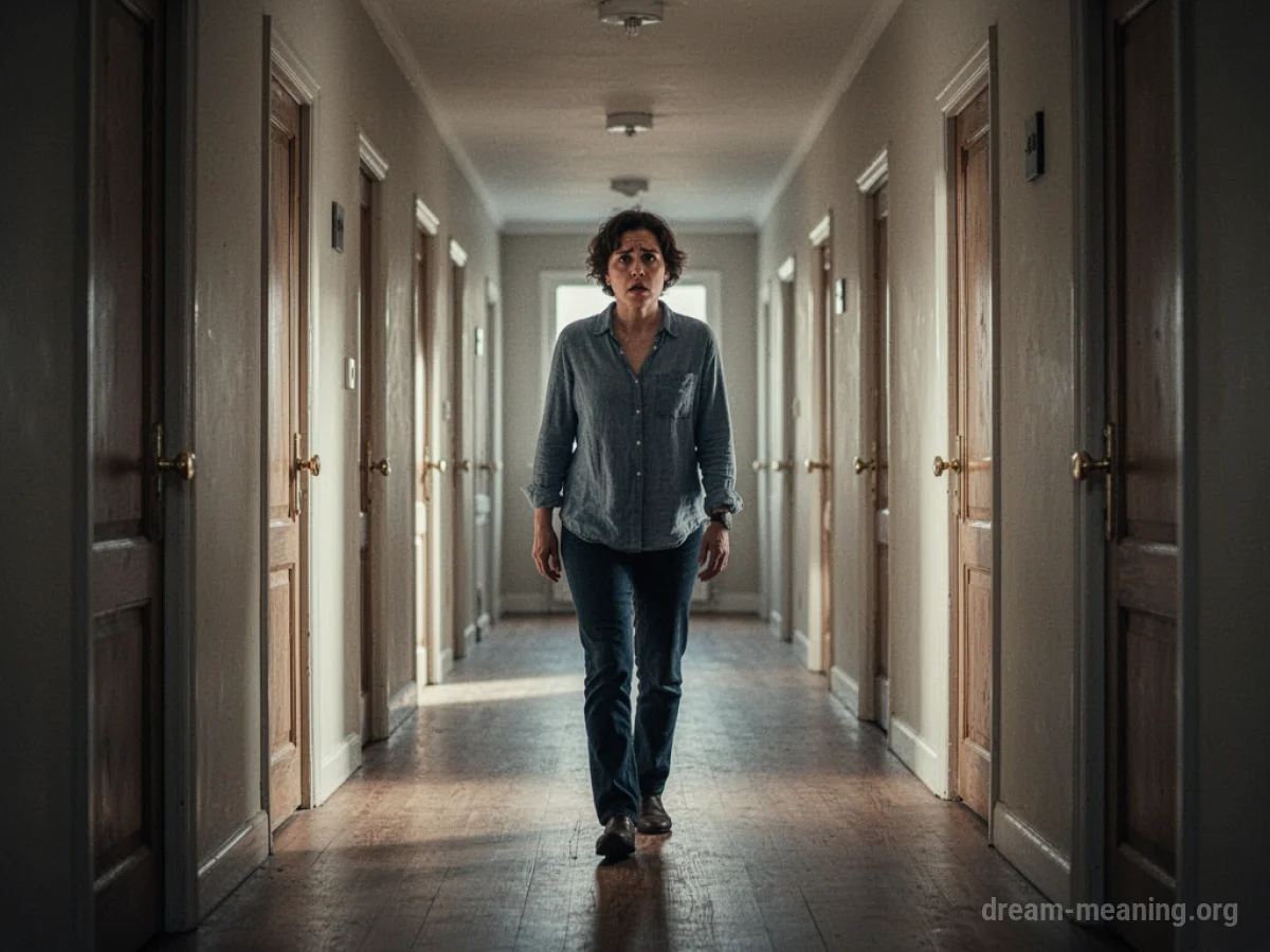 A person walking down a long hallway with identical doors.