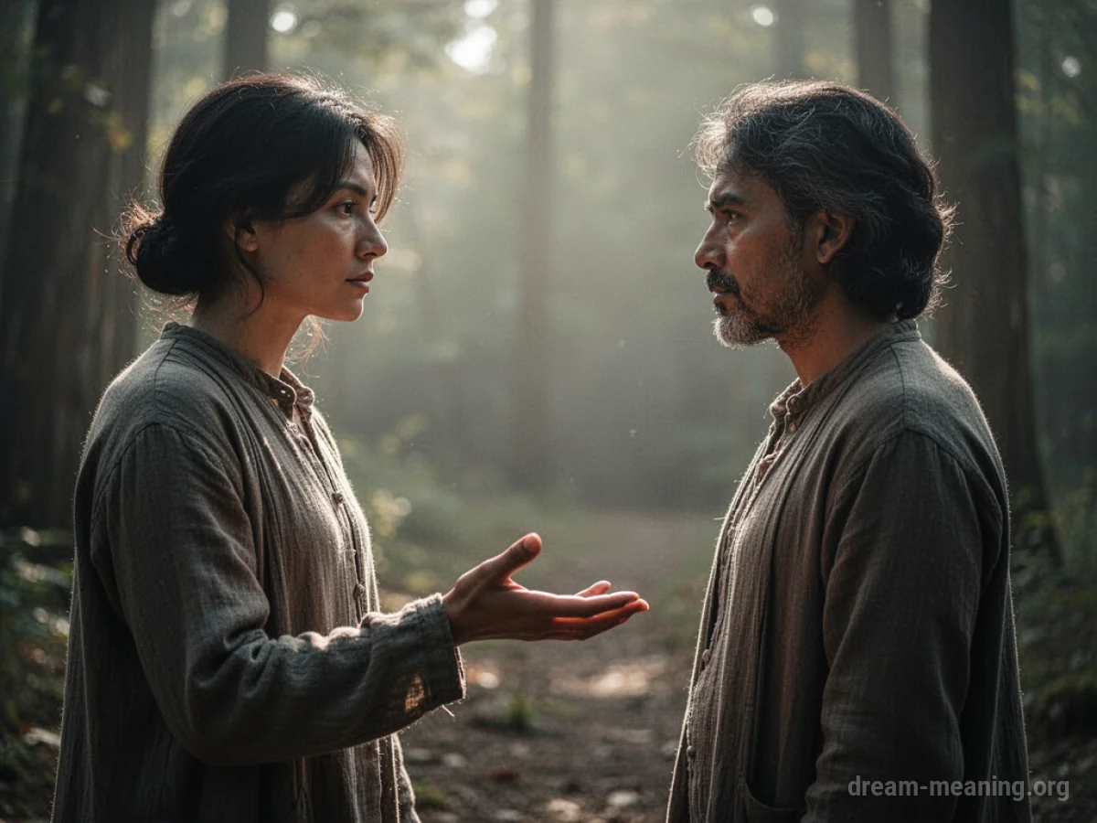 Two people facing each other, one extending an open hand.
