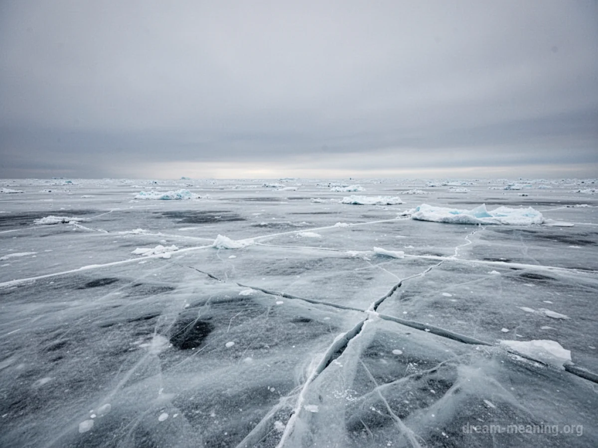 A vast, flat surface of ice covering the ocean under a grey sky.